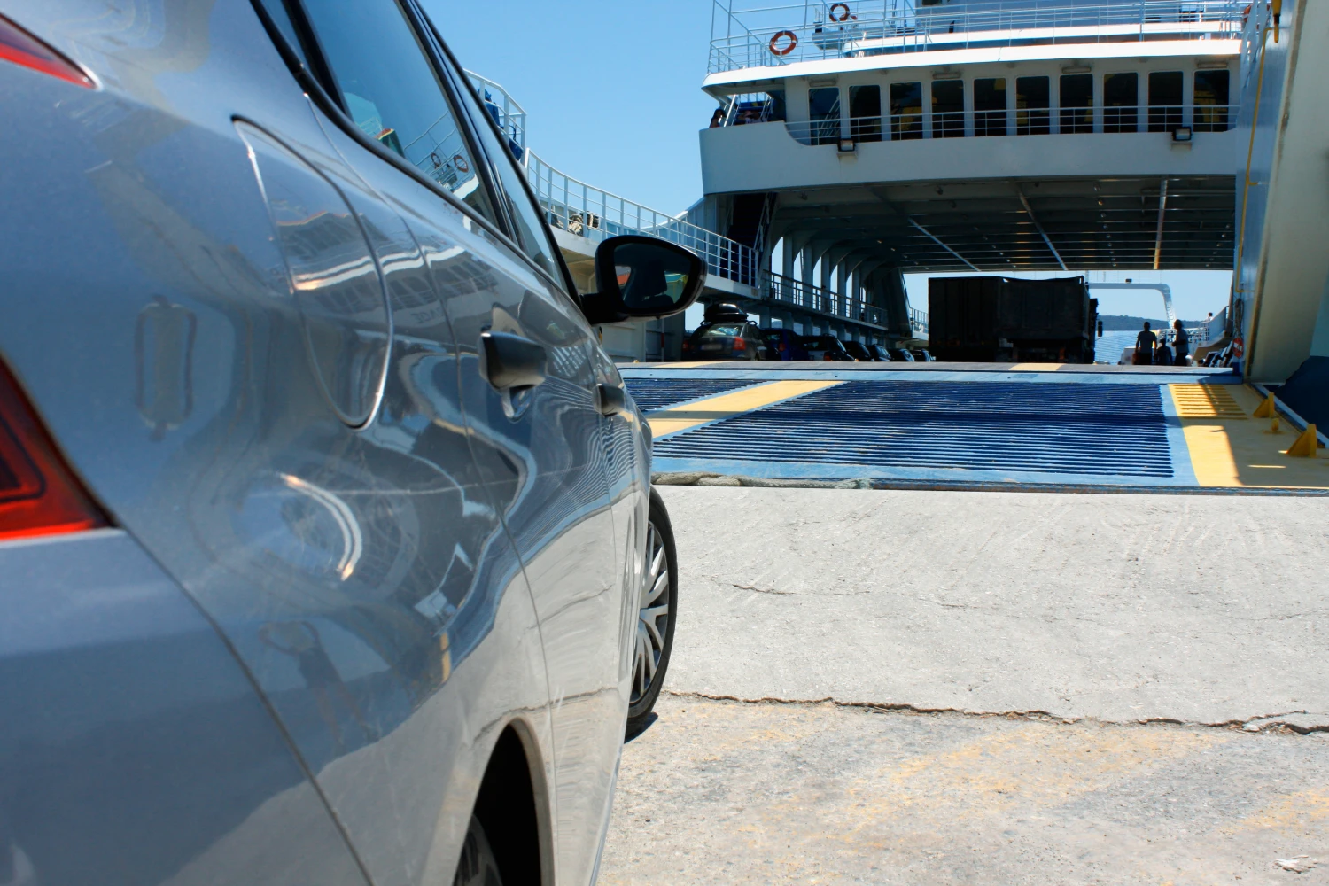 A car ready to board on the ferry garage