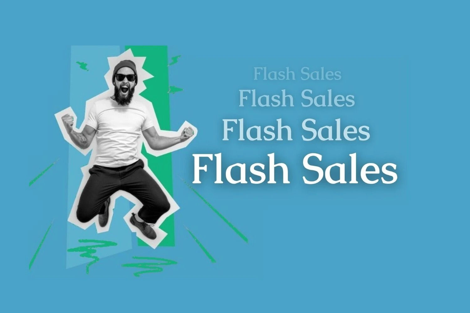 Promotional graphic with a man jumping excitedly, wearing sunglasses, a beanie and casual clothes.